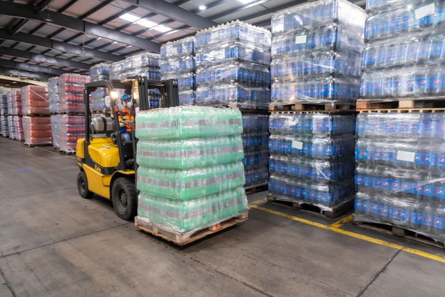 Een vorkheftruckchauffeur verplaatst gestapelde pallets in een drukke magazijnomgeving